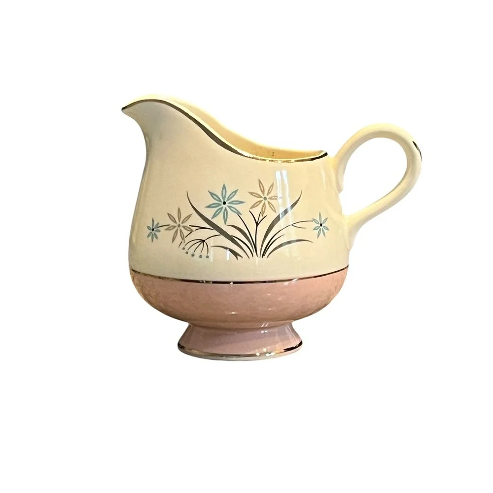 Adorable Vintage MCM Ceramic Creamer Pitcher Pink Blue Floral Starburst Silver
